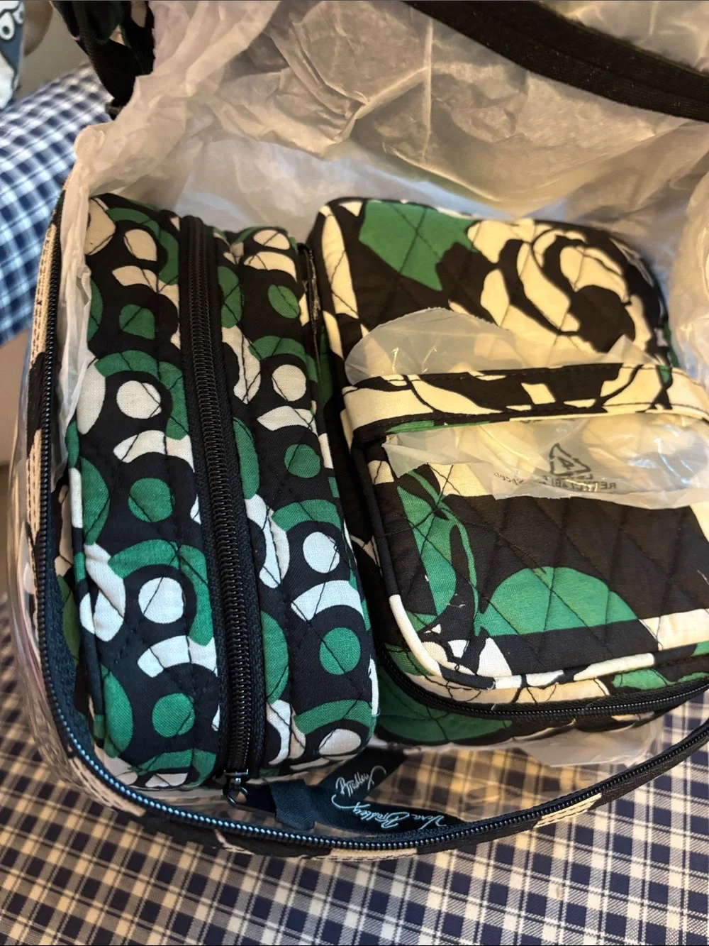 Vera Bradley Black, Green & White Floral Travel Cosmetic Bag set of three